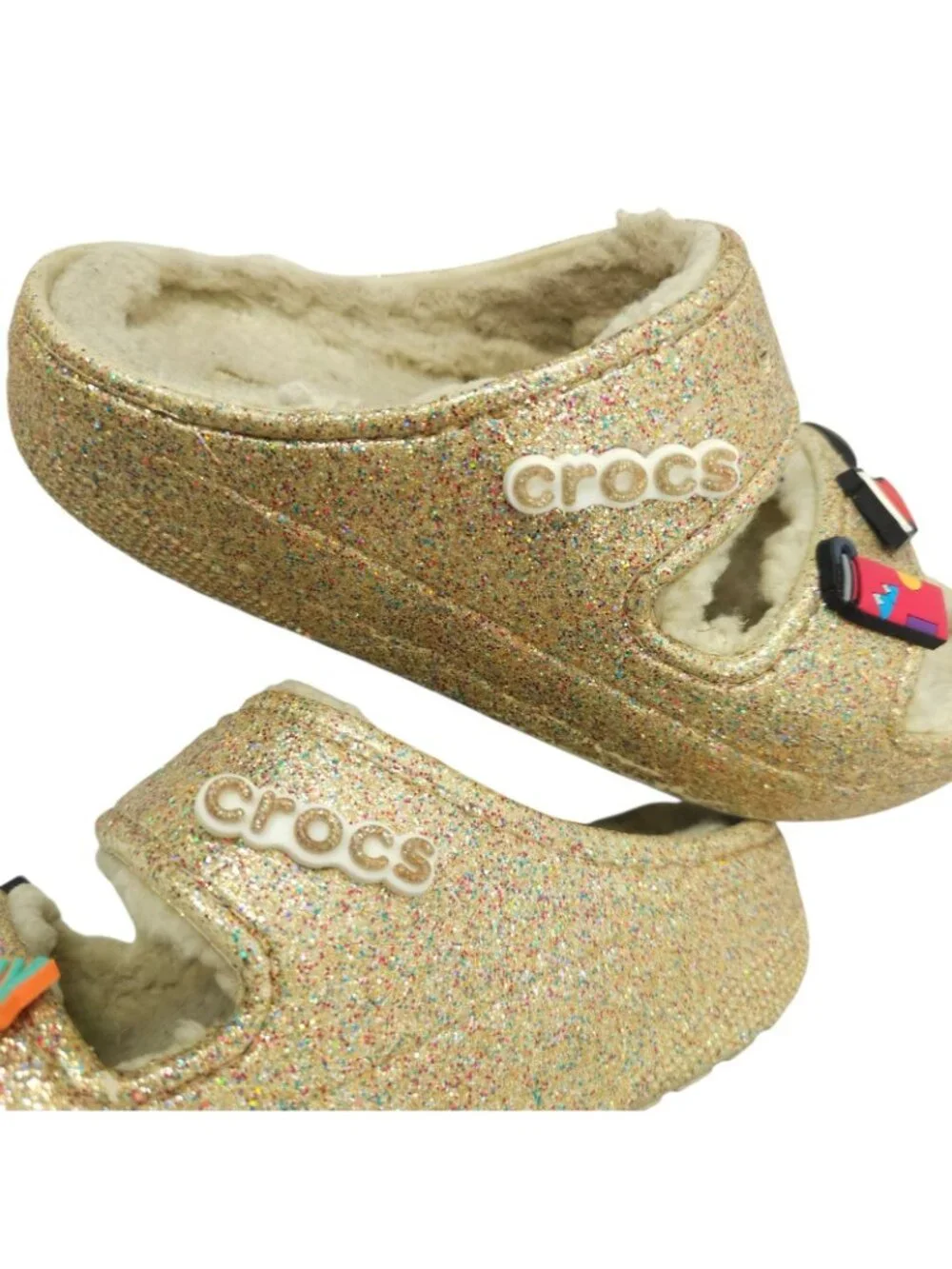 Crocs Classic Cozzzy Glitter Sandals Women 7 Gold Fuzzy Lined Slide Taco Jibbitz